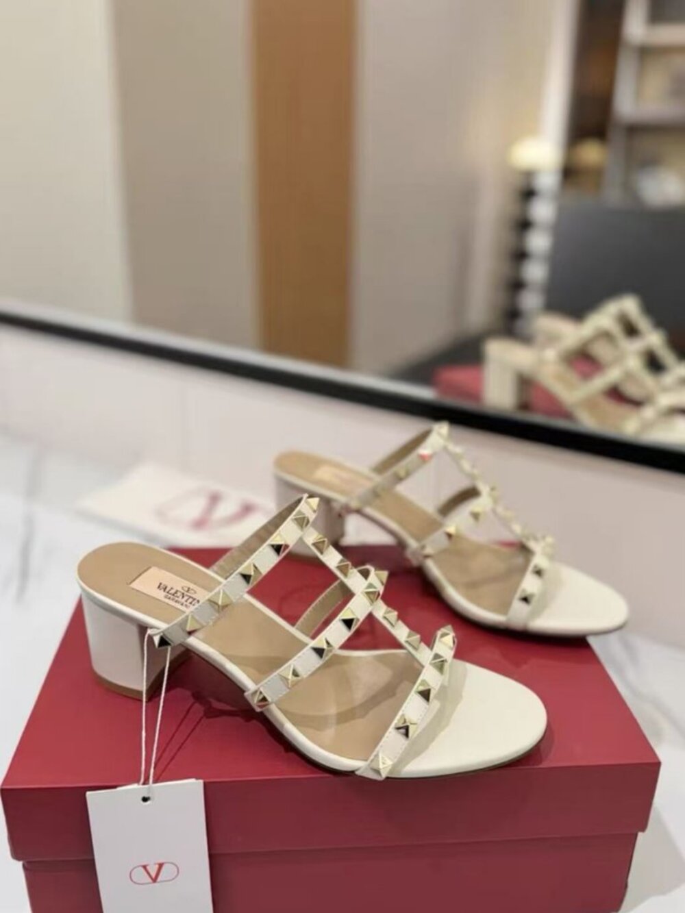 Valentino Off White Rockstud Three Strap Block Heel Slide Sandals